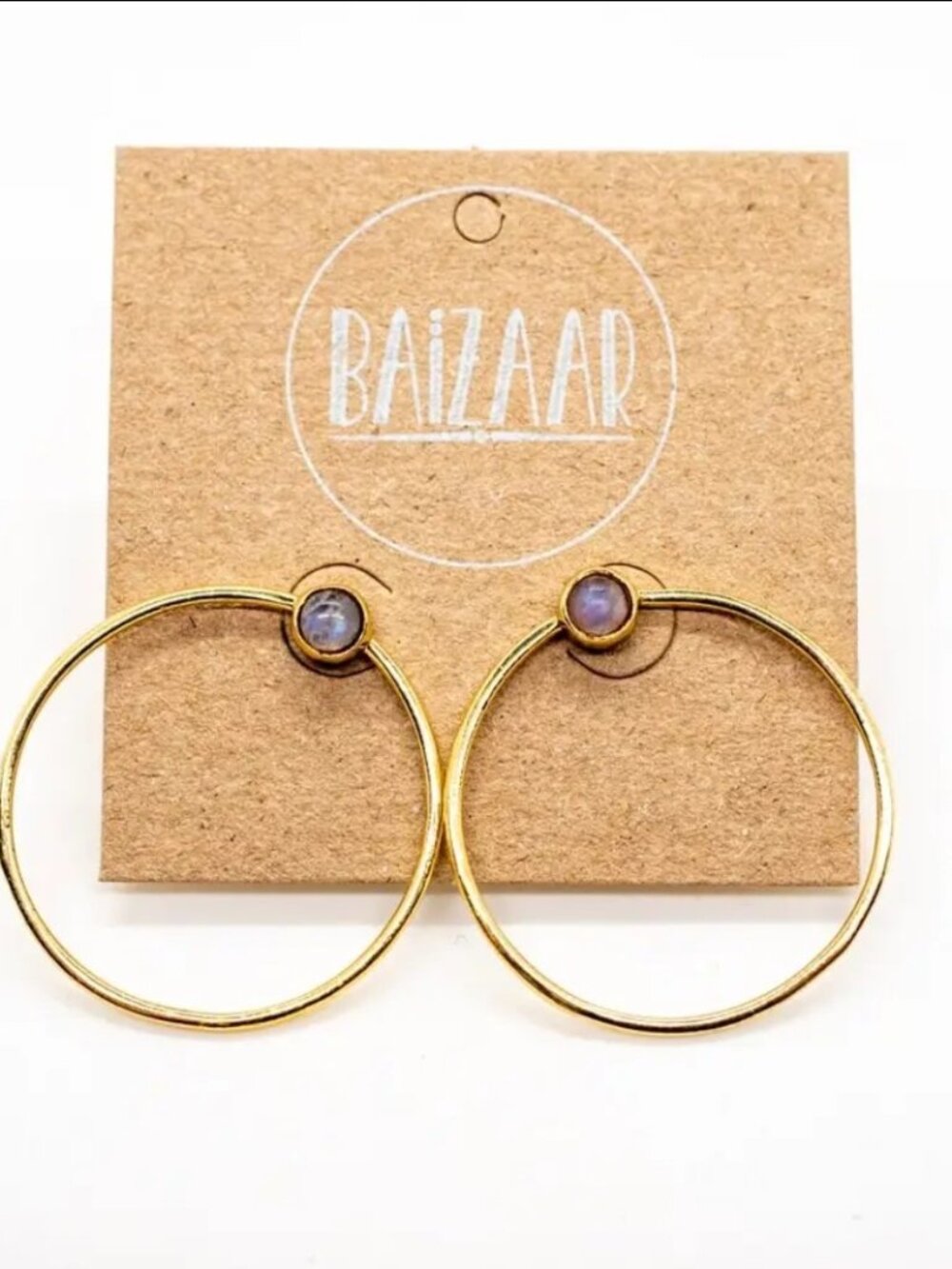 Moonstone Circle Stud Earrings Round Gemstone Gold Tone Minimalist Jewelry